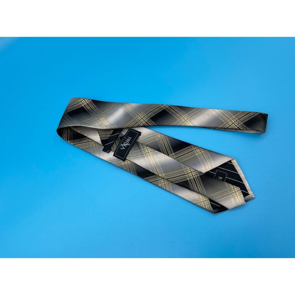 Villini 100% Silk Tie‎ Plaid Gold/Brown Checkered Pattern Men’s 3.75" Classic